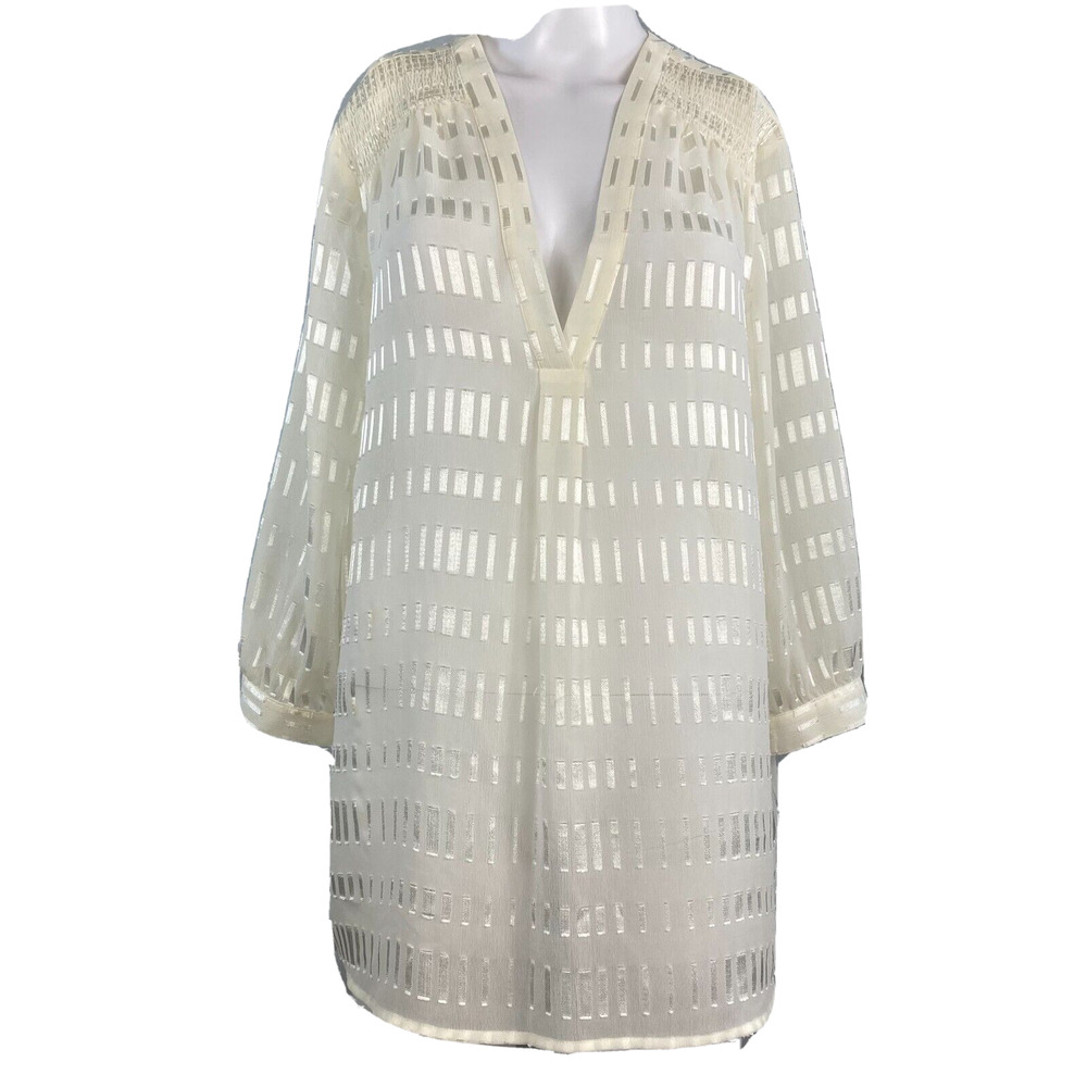 Ann Taylor Shirt Womens Sz Medium Ivory Woven 3/4 Sleeve V Neck Blouse